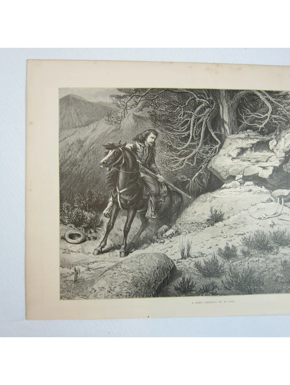 Antique 1874 Engraving Print A Bare Chance by W.M. Cary Aldine Western & Indian